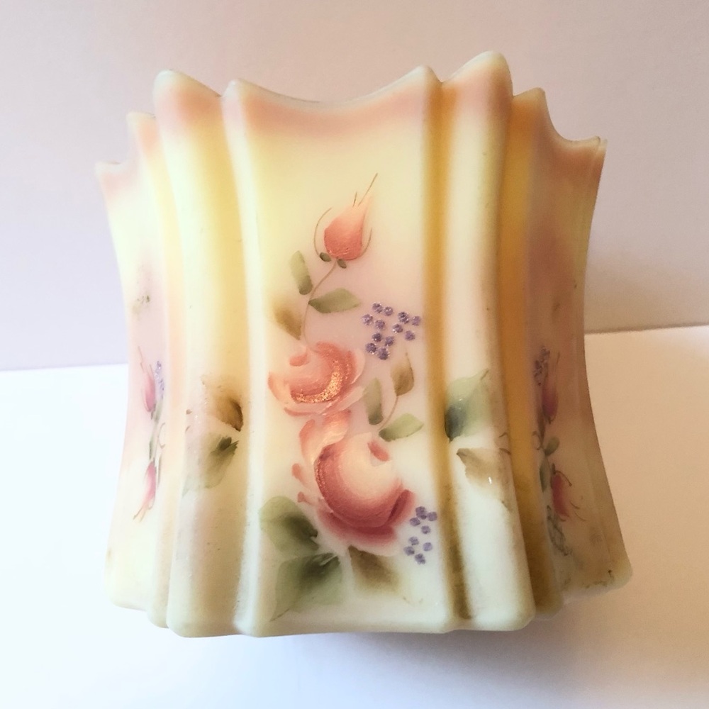 FENTON Pink Custard Burmese Satin Jar Hand-Painted Roses Signed Glass
